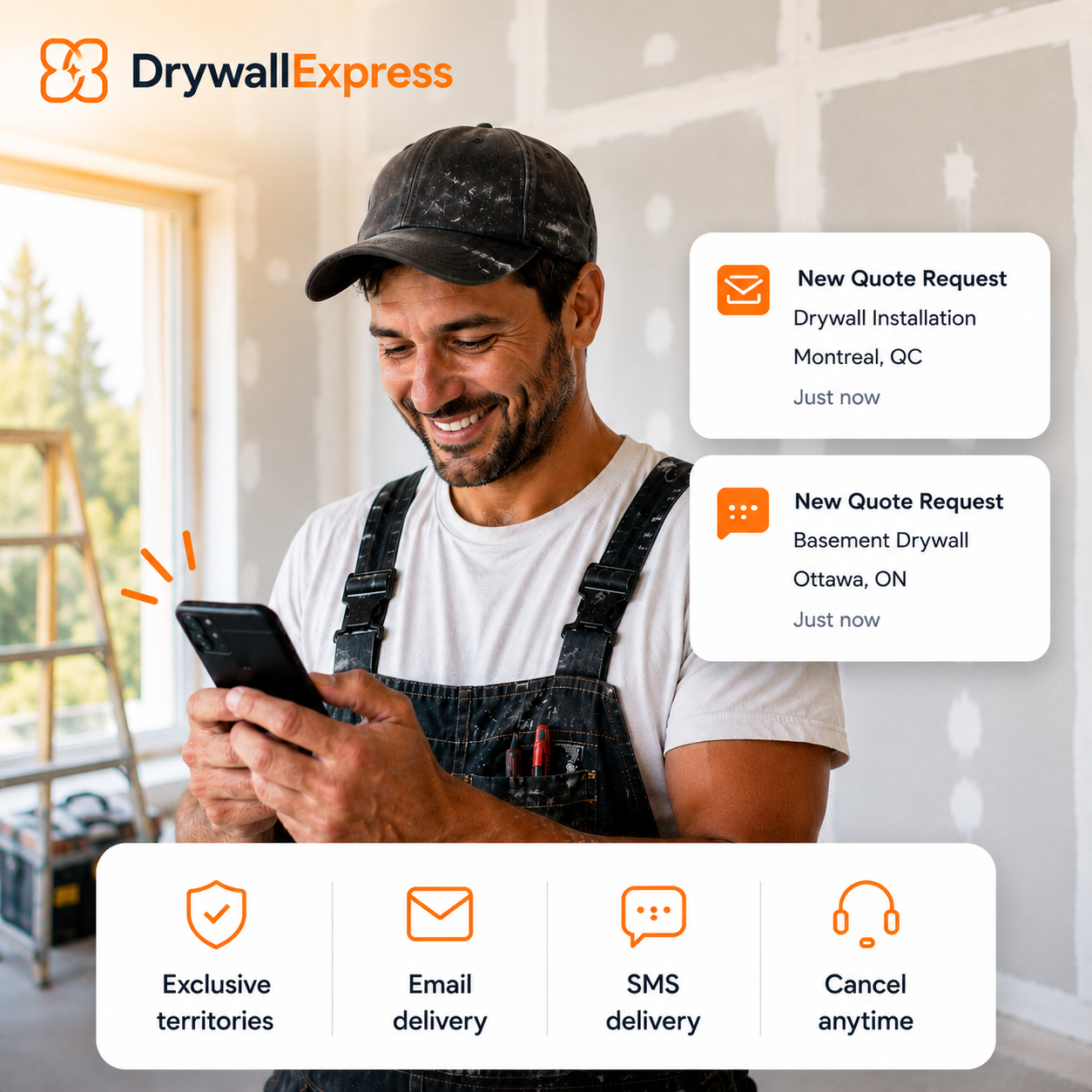 Drywall contractor receiving exclusive quote requests on his phone